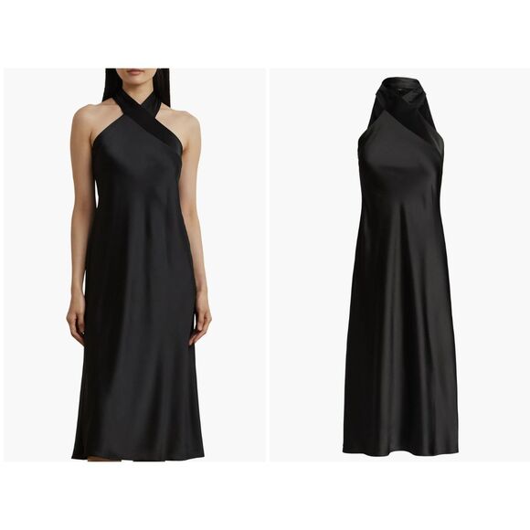 Lauren Ralph Lauren Women's Satin Charmeuse Halter Cocktail Dress Black Size 14 - Picture 1 of 8